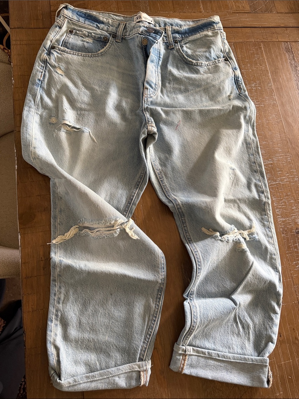 Zara Light Blue Distressed Wide Leg Jeans